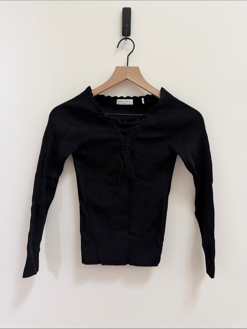 Sandro Black Ribbed Lace-Up Long Sleeve Top